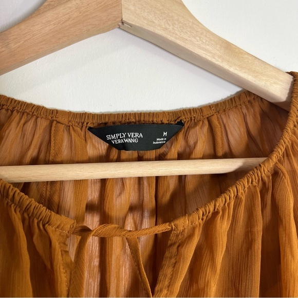 Simply Vera Burnt Orange Tie Neck Balloon Sleeve Shirred Blouse, Size Medium - Picture 3 of 9